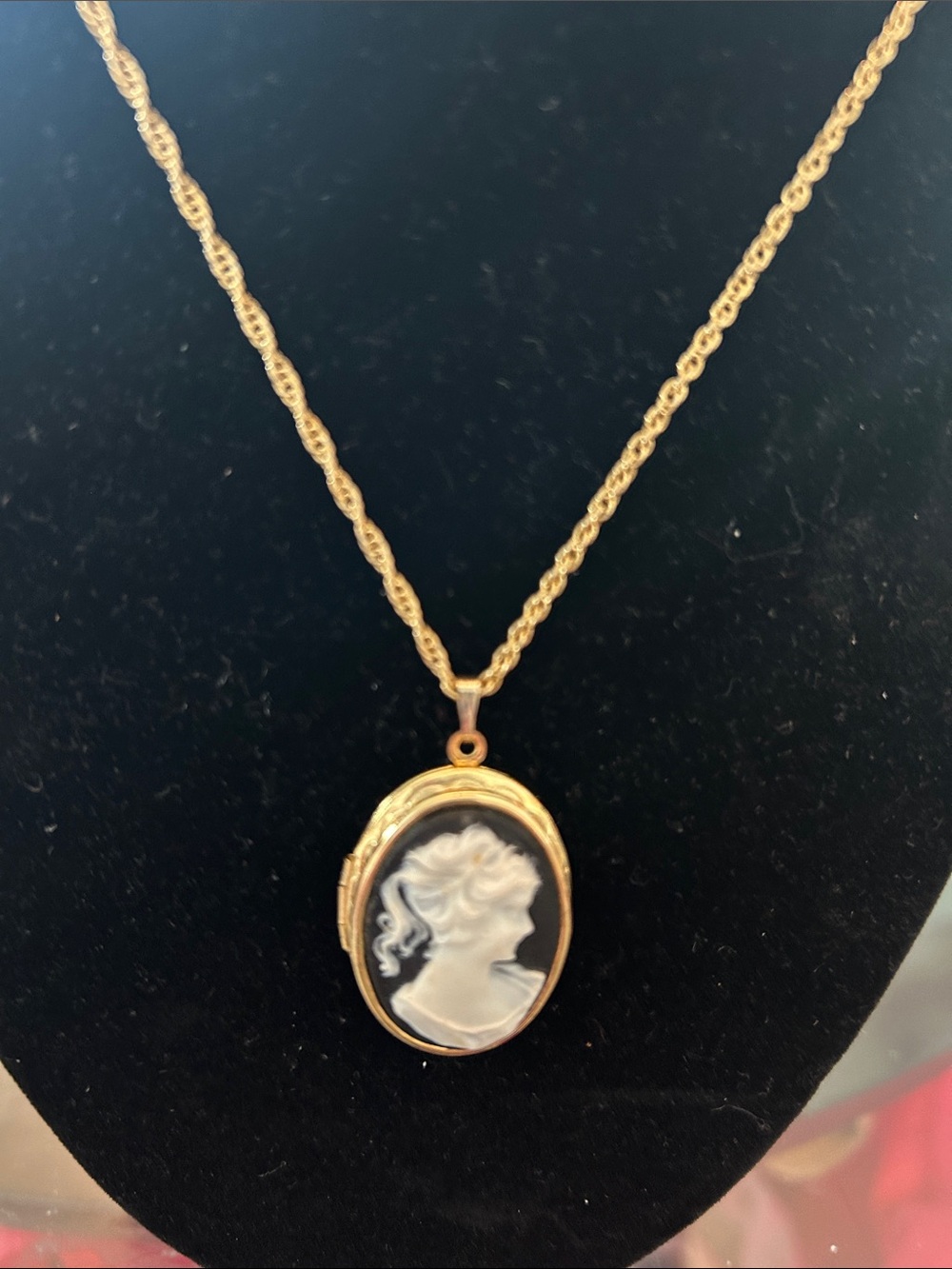 Gold Cameo Locket Necklace in Black and White
